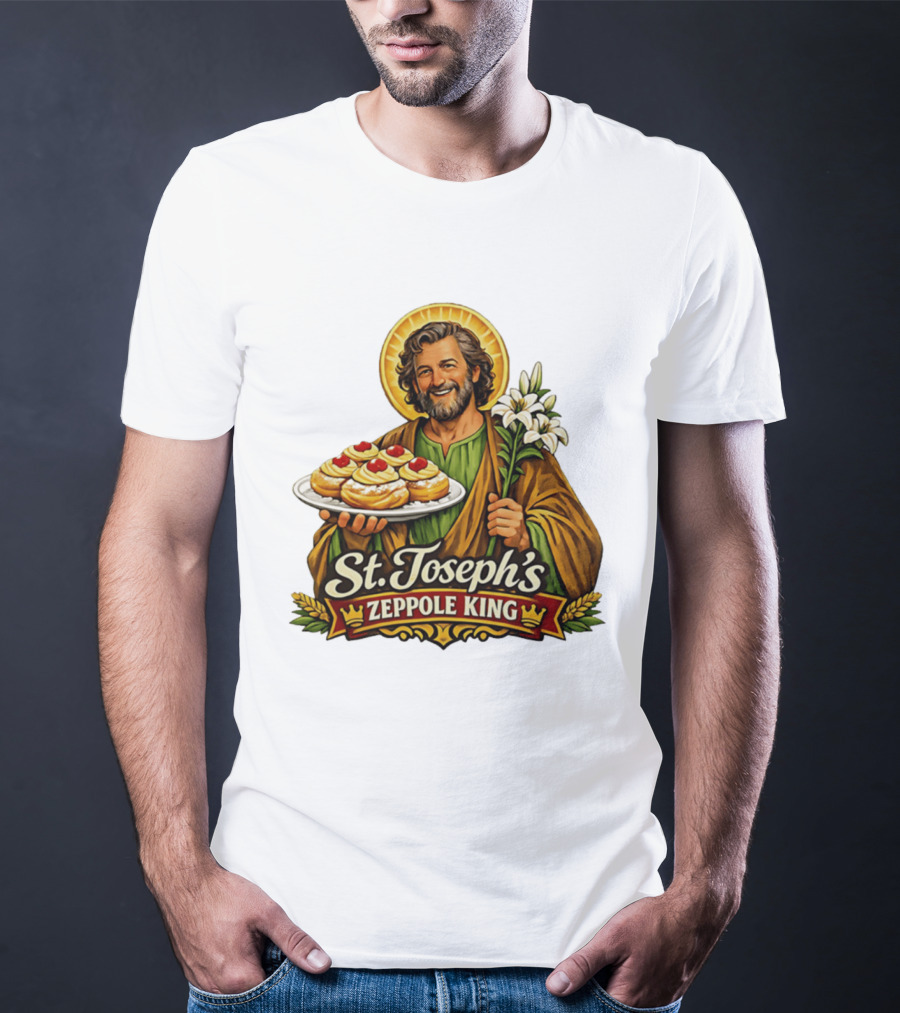 St Joseph's Zeppole King Saint Holding Tray With Flowers T-Shirt