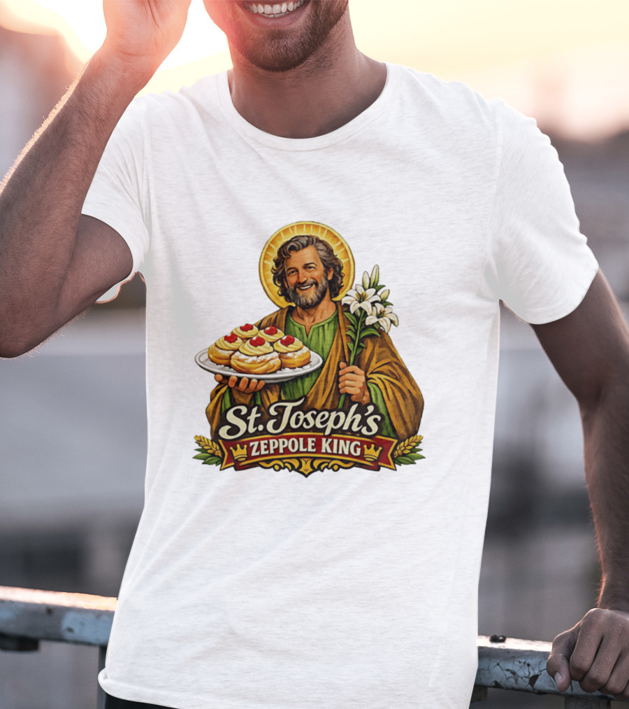 St Joseph's Zeppole King Saint Holding Tray With Flowers T-Shirt