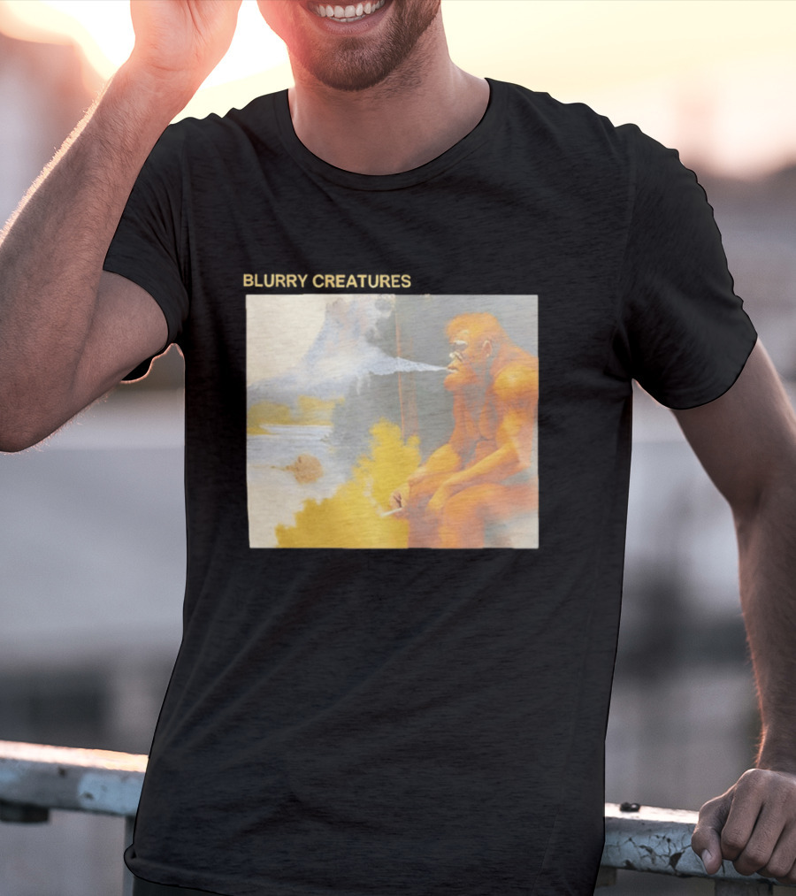 Bigfoot Blurry Creatures Smoking By Lake Mountain Scene T-Shirt