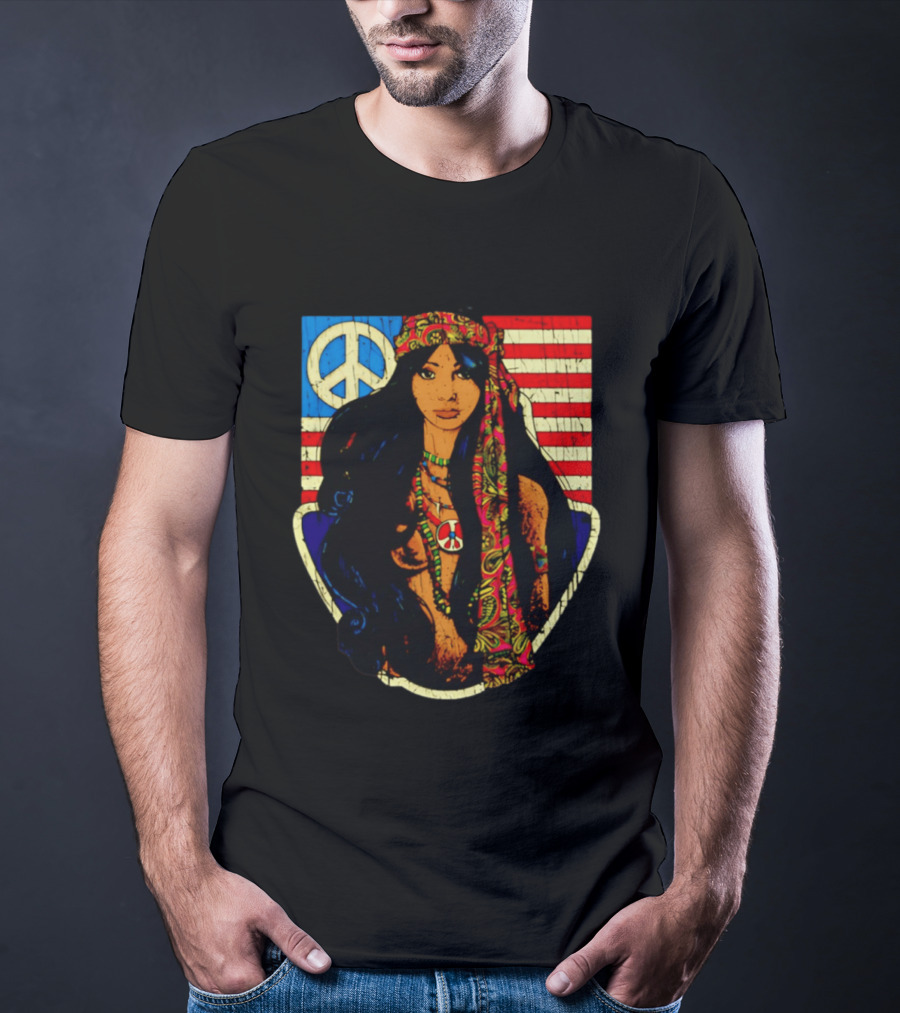 Peace Is Natural 1969 Bohemian Hippie Woman American Flag T-Shirt