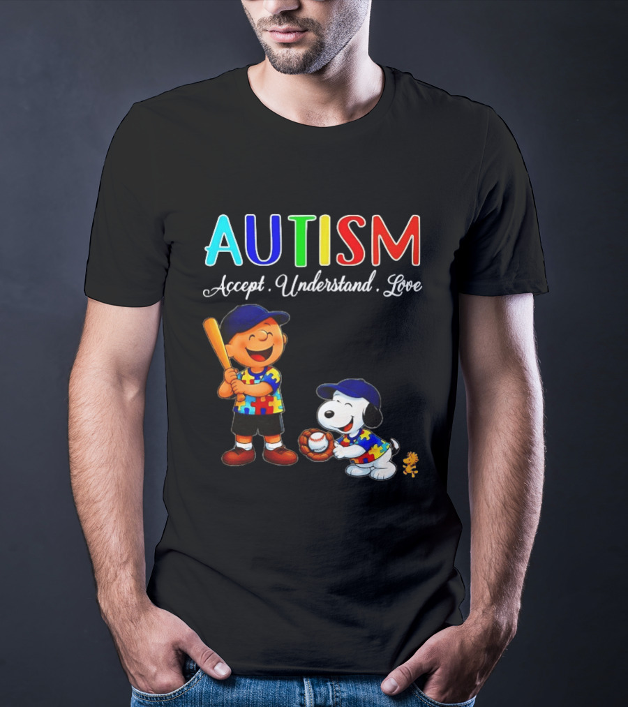 Charlie Brown Snoopy Peanuts Autism Accept Understand Love Baseball Puzzle T-Shirt