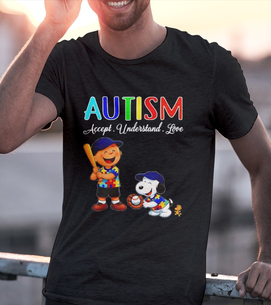 Charlie Brown Snoopy Peanuts Autism Accept Understand Love Baseball Puzzle T-Shirt
