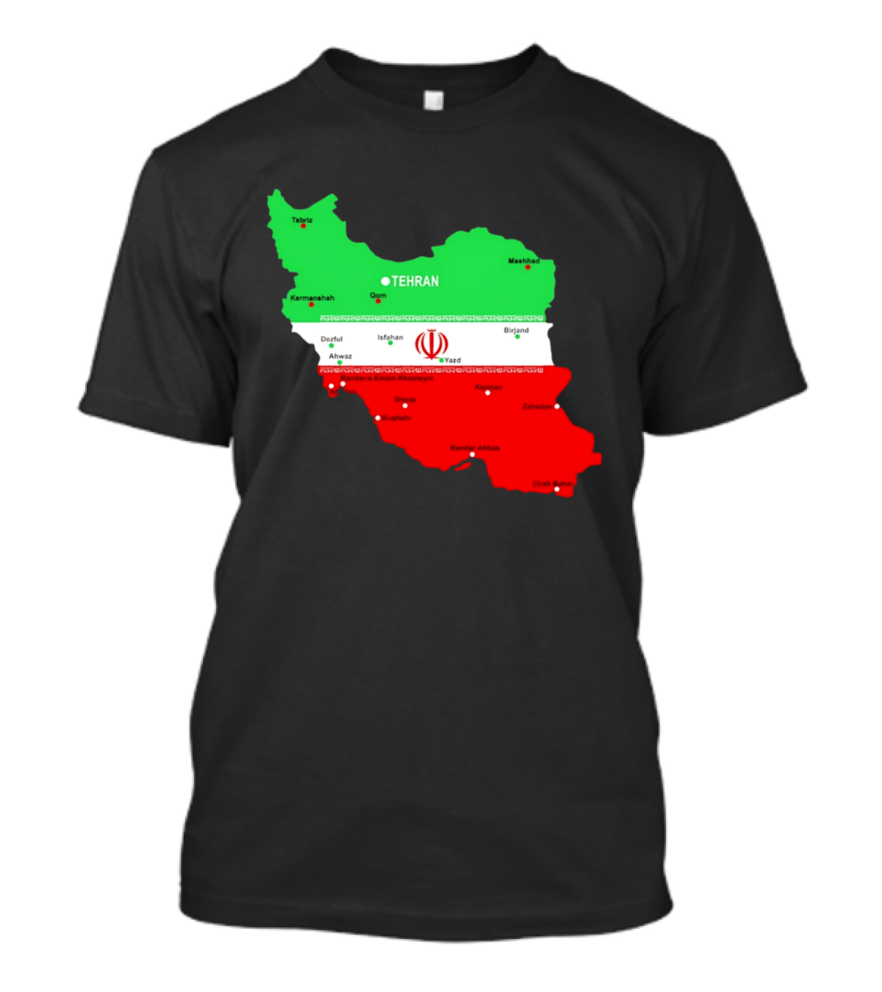 Iran Map With Flag Tehran Tabriz Mashhad Esfahan Shiraz Yazd Cities T-Shirt