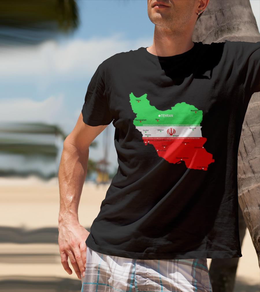 Iran Map With Flag Tehran Tabriz Mashhad Esfahan Shiraz Yazd Cities T-Shirt