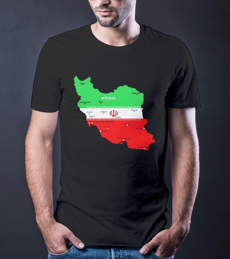 Iran Map With Flag Tehran Tabriz Mashhad Esfahan Shiraz Yazd Cities T-Shirt