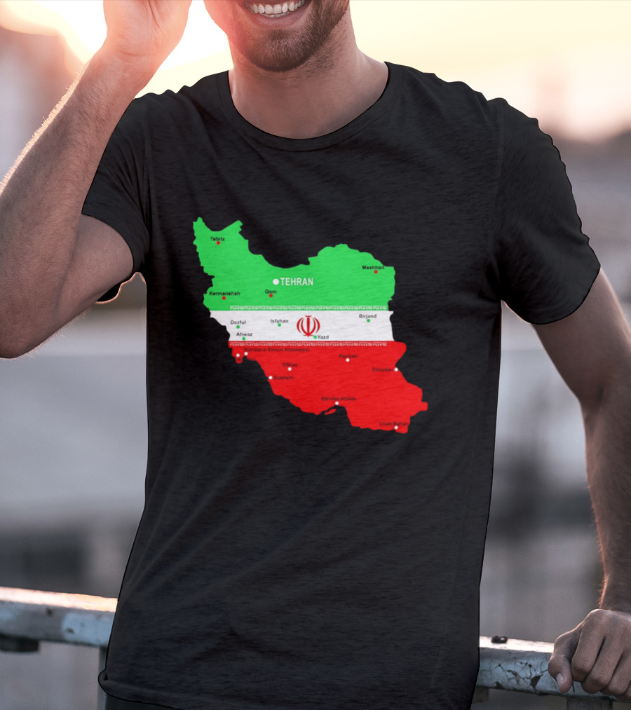 Iran Map With Flag Tehran Tabriz Mashhad Esfahan Shiraz Yazd Cities T-Shirt
