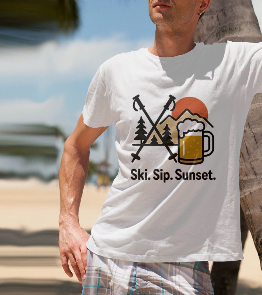 Ski Sip Sunset Mountain Beer Adventure T-Shirt