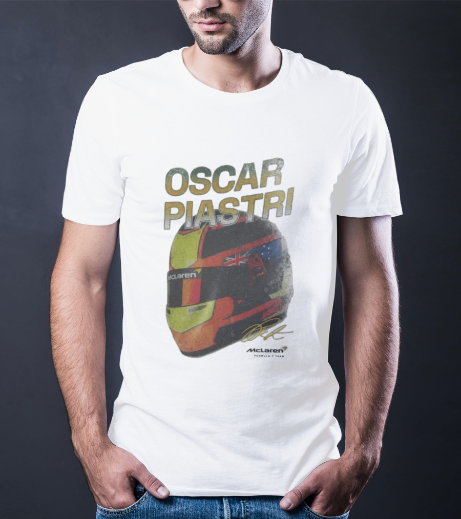Oscar Piastri McLaren Racing Helmet Flag Signature T-Shirt
