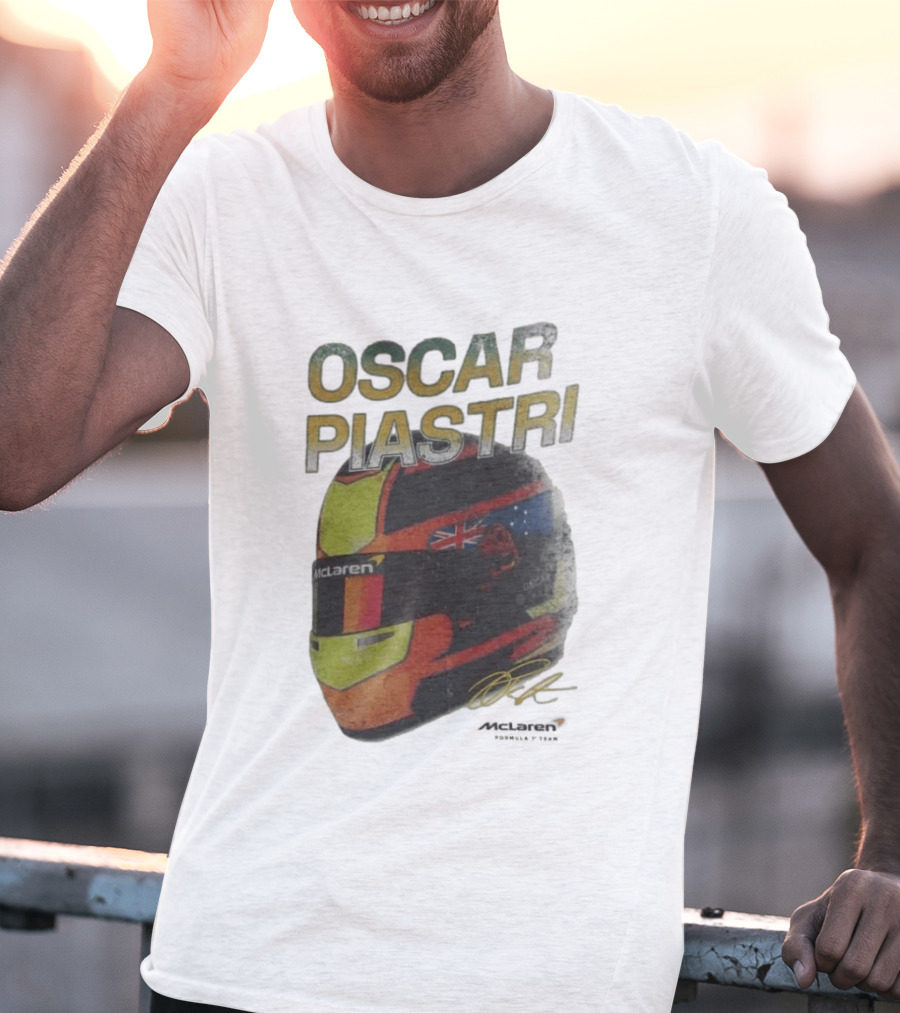 Oscar Piastri McLaren Racing Helmet Flag Signature T-Shirt