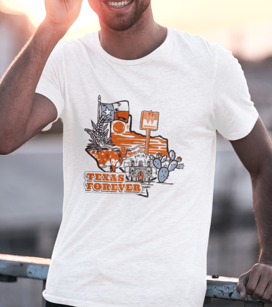 Texas Forever Alamo Whataburger Collaboration With Lone Star Flag And Cactus T-Shirt