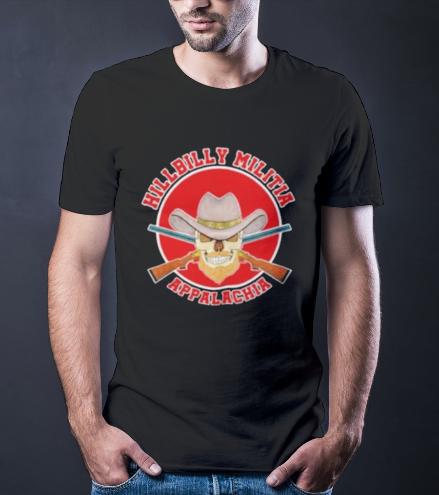 Hillbilly Militia Appalachia Skull Cowboy Hat Rifles Red Circle T-Shirt