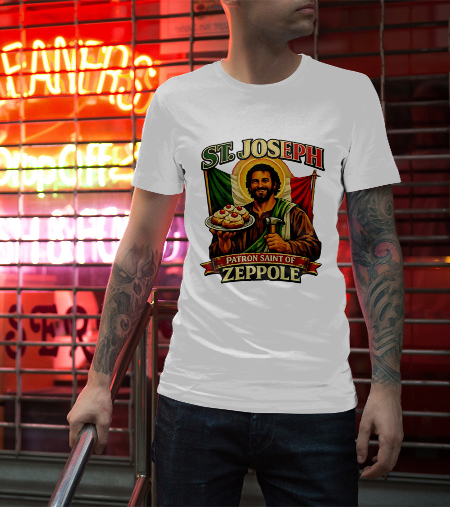 St. Joseph Patron Saint Of Zeppole With Italian Flag Icon And Halo Providing Hammer And Pastries T-Shirt