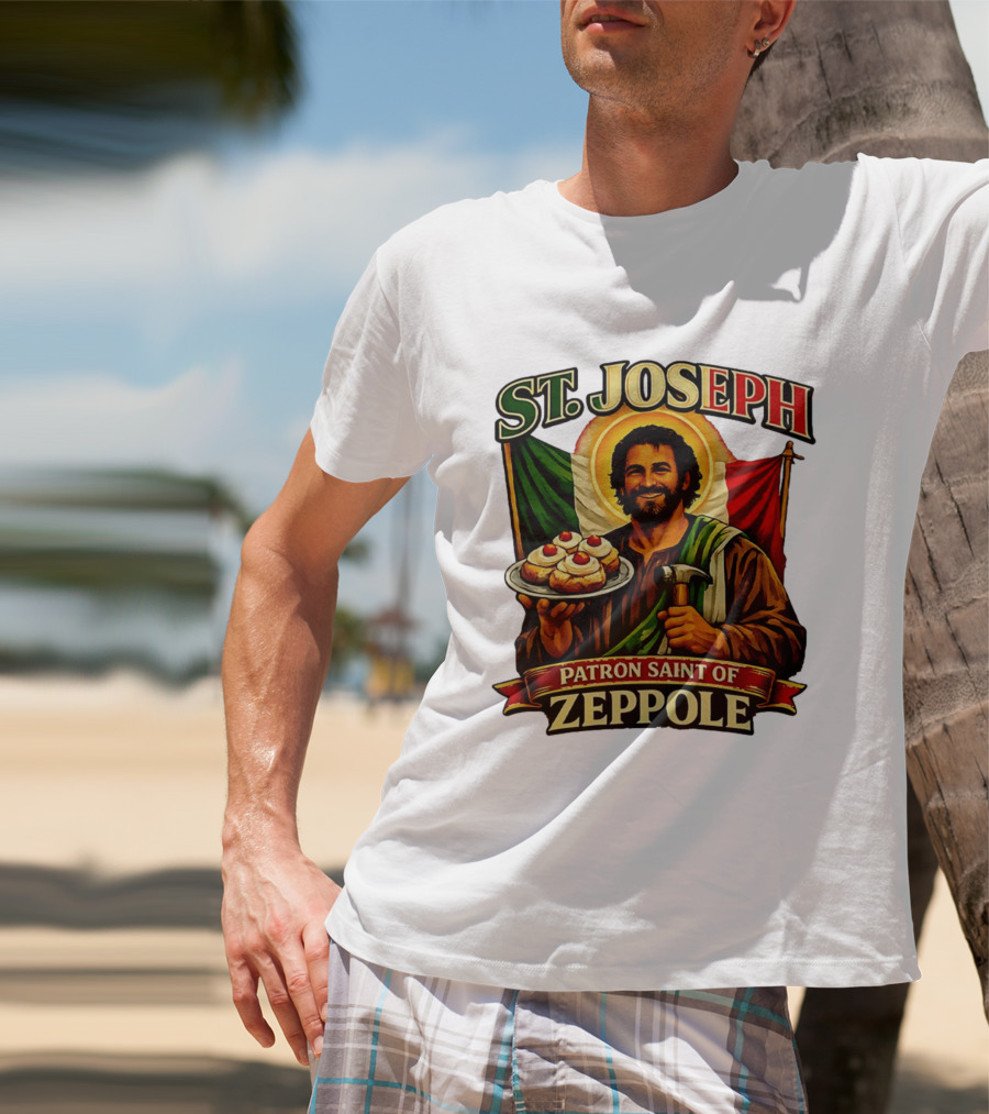 St. Joseph Patron Saint Of Zeppole With Italian Flag Icon And Halo Providing Hammer And Pastries T-Shirt