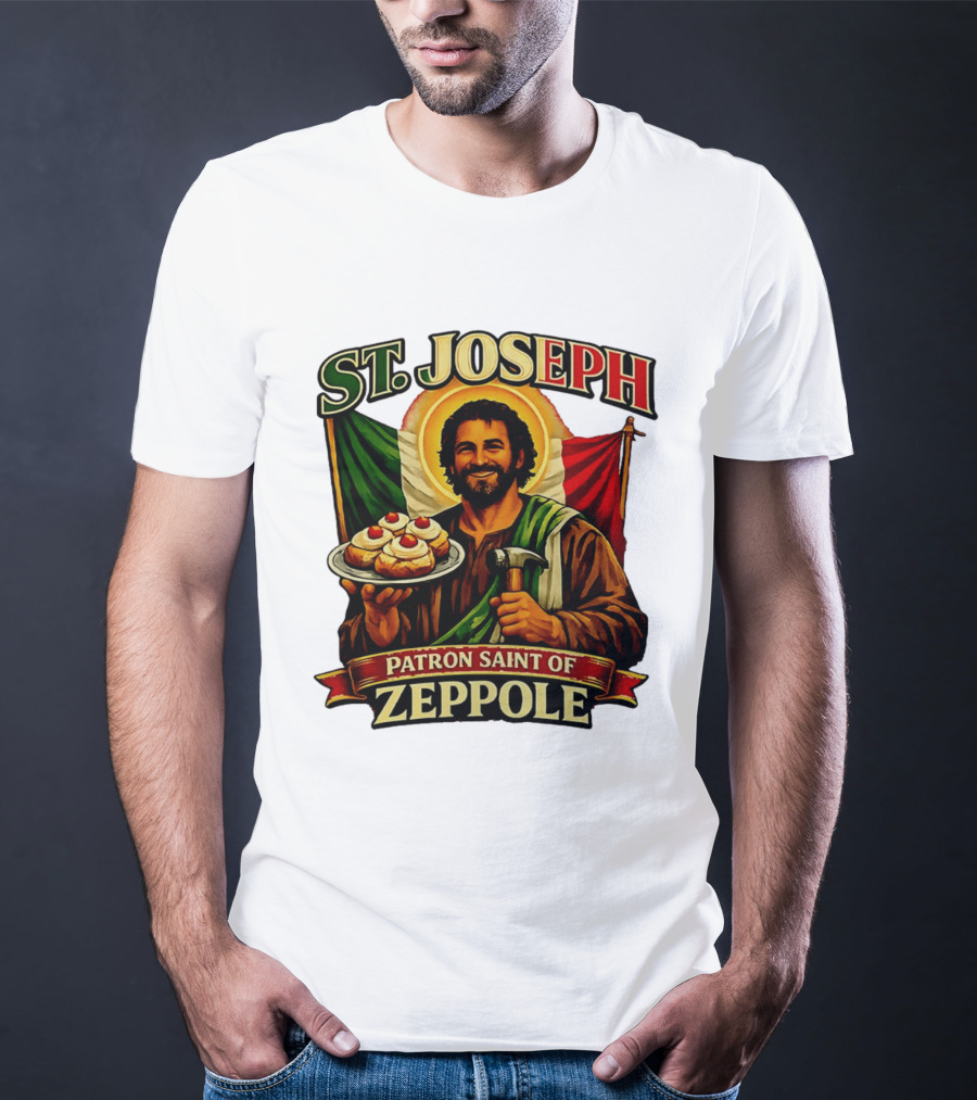 St. Joseph Patron Saint Of Zeppole With Italian Flag Icon And Halo Providing Hammer And Pastries T-Shirt