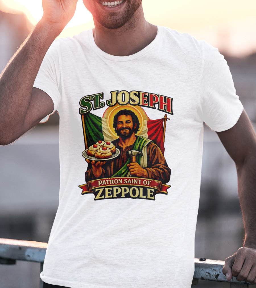 St. Joseph Patron Saint Of Zeppole With Italian Flag Icon And Halo Providing Hammer And Pastries T-Shirt