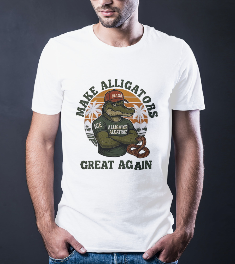 MAGA Alligator Alcatraz Make Alligators Great Again ICE Tropical Trees T-Shirt