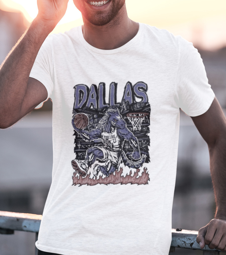 Dallas Mavericks Champ Cartoon Basketball Player Fire Hoops T-Shirt