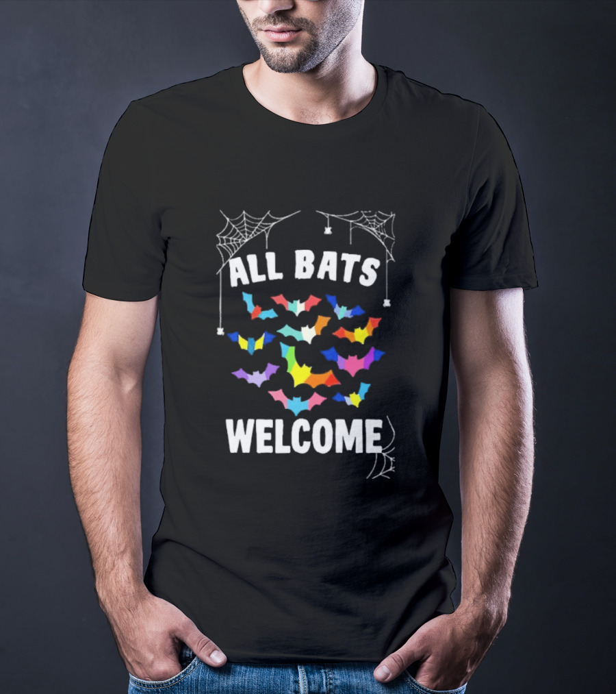 All Bats Welcome Colorful Bats And Spiderwebs T-Shirt