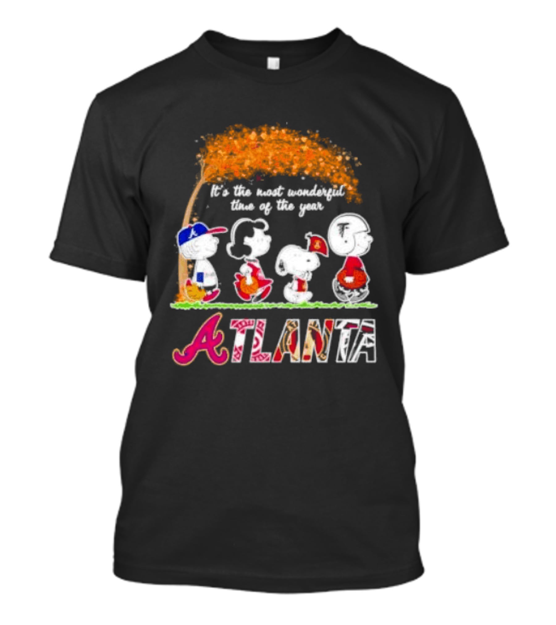 Atlanta Peanuts Characters Autumn Baseball It's The Most Wonderful Time Of The Year T-Shirt