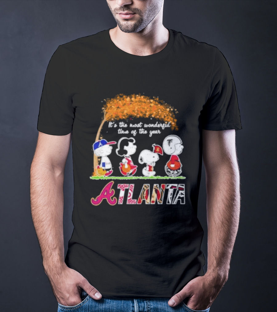 Atlanta Peanuts Characters Autumn Baseball It's The Most Wonderful Time Of The Year T-Shirt