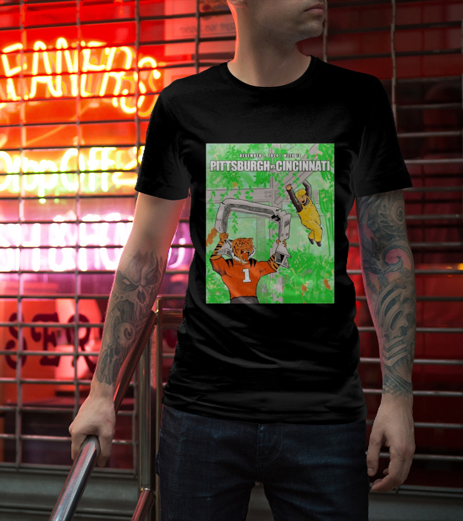 Pittsburgh Steelers Vs Cincinnati Bengals December 1 2024 Week 13 Cartoon Tiger And Construction Worker Jungle Showdown T-Shirt