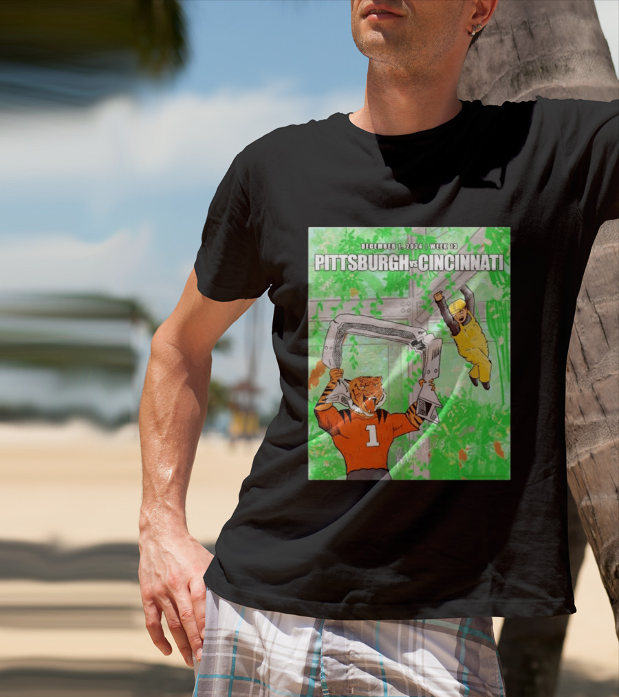 Pittsburgh Steelers Vs Cincinnati Bengals December 1 2024 Week 13 Cartoon Tiger And Construction Worker Jungle Showdown T-Shirt