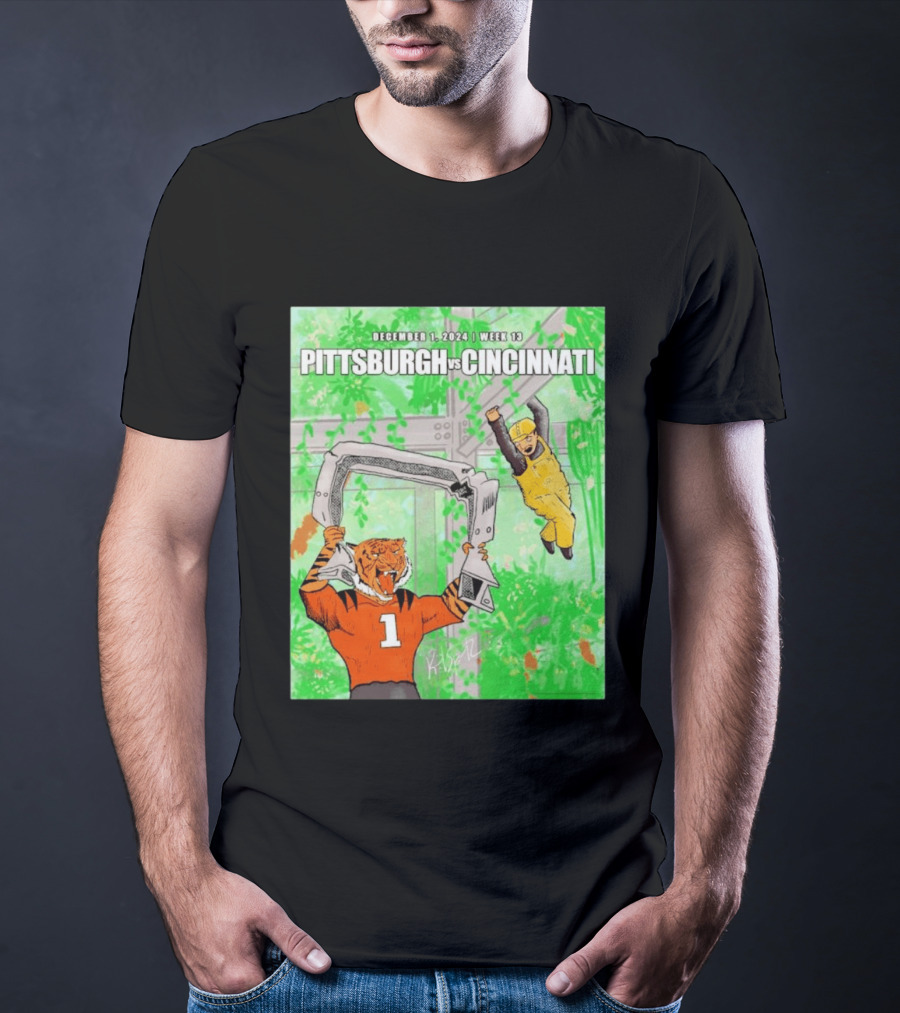 Pittsburgh Steelers Vs Cincinnati Bengals December 1 2024 Week 13 Cartoon Tiger And Construction Worker Jungle Showdown T-Shirt
