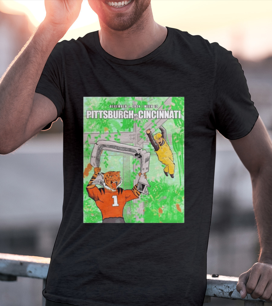 Pittsburgh Steelers Vs Cincinnati Bengals December 1 2024 Week 13 Cartoon Tiger And Construction Worker Jungle Showdown T-Shirt