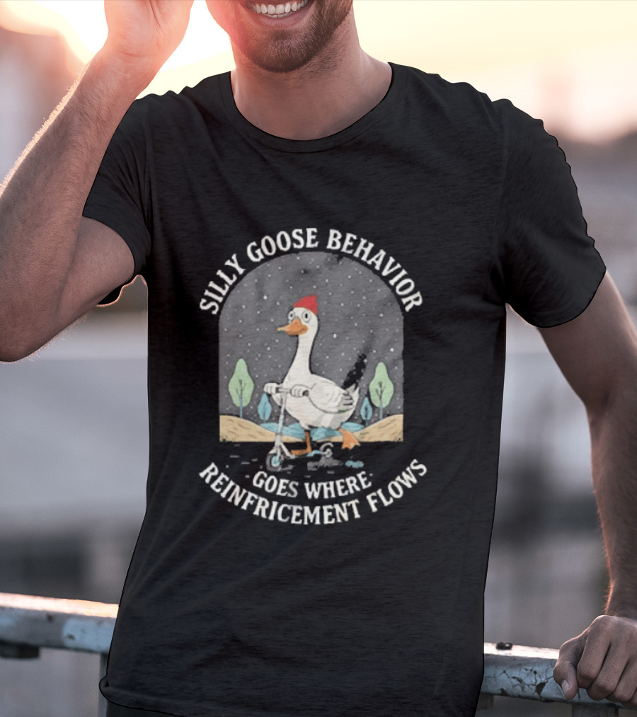 Silly Goose Behavior Goes Where Reinforcement Flows Goose Cartoon In Red Beanie Under Night Sky T-Shirt