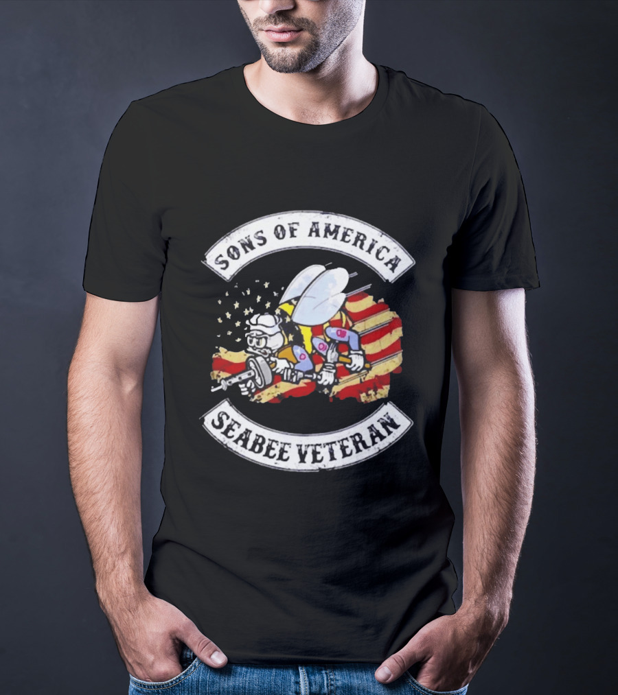 Sons Of America Seabee Veteran US Flag Military Pride T-Shirt