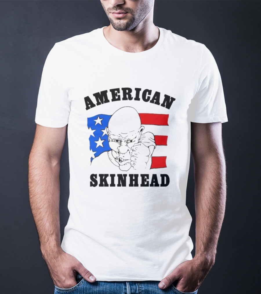 American Skinhead USA Bald Character With Flag Stars And Stripes T-Shirt
