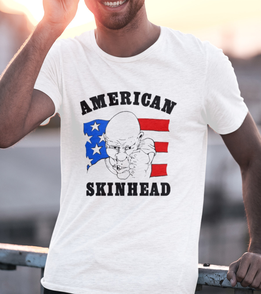 American Skinhead USA Bald Character With Flag Stars And Stripes T-Shirt