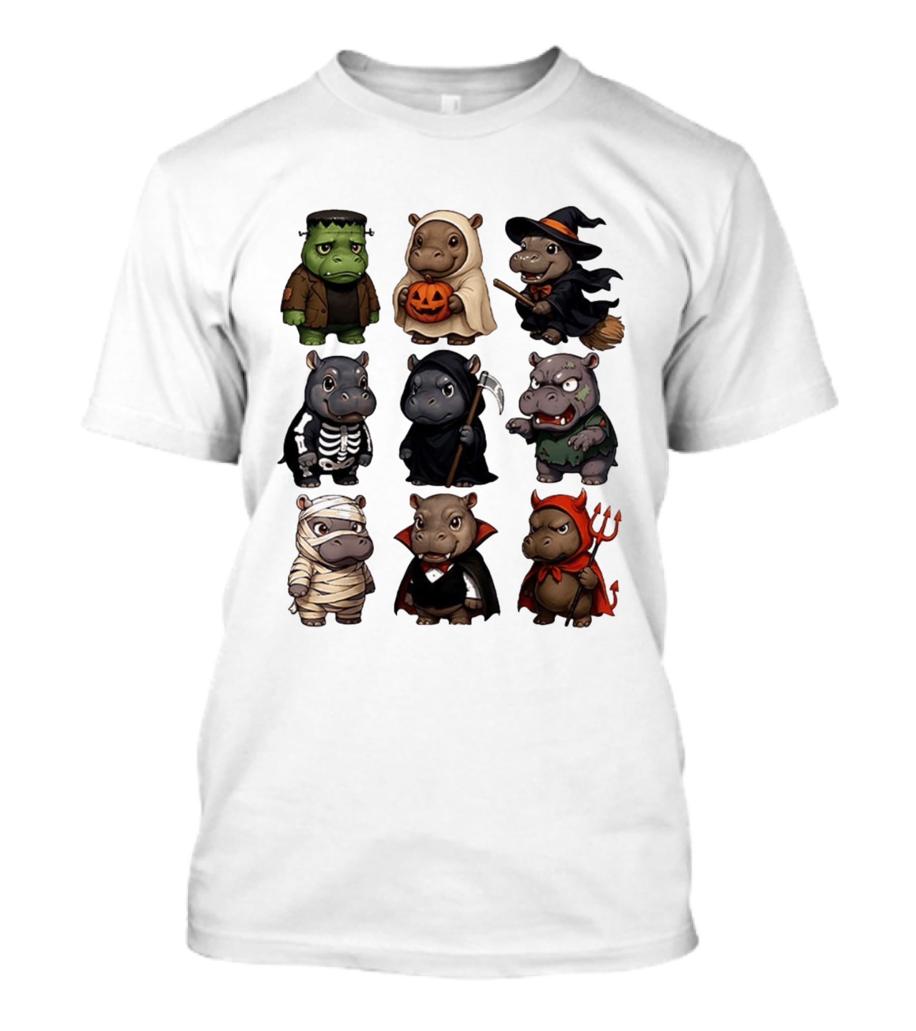 Baby Hippo Frankenstein Ghost Witch Skeleton Grim Reaper Zombie Mummy Dracula Devil Halloween 2025 T-Shirt