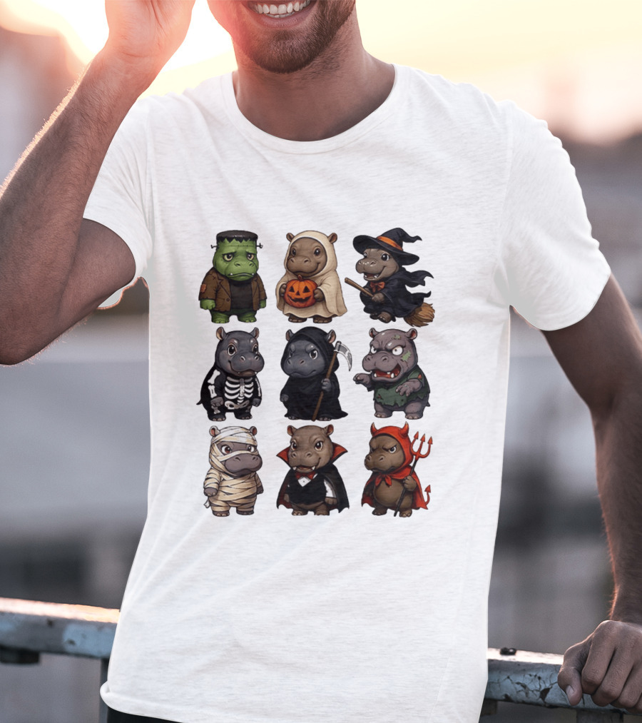 Baby Hippo Frankenstein Ghost Witch Skeleton Grim Reaper Zombie Mummy Dracula Devil Halloween 2025 T-Shirt