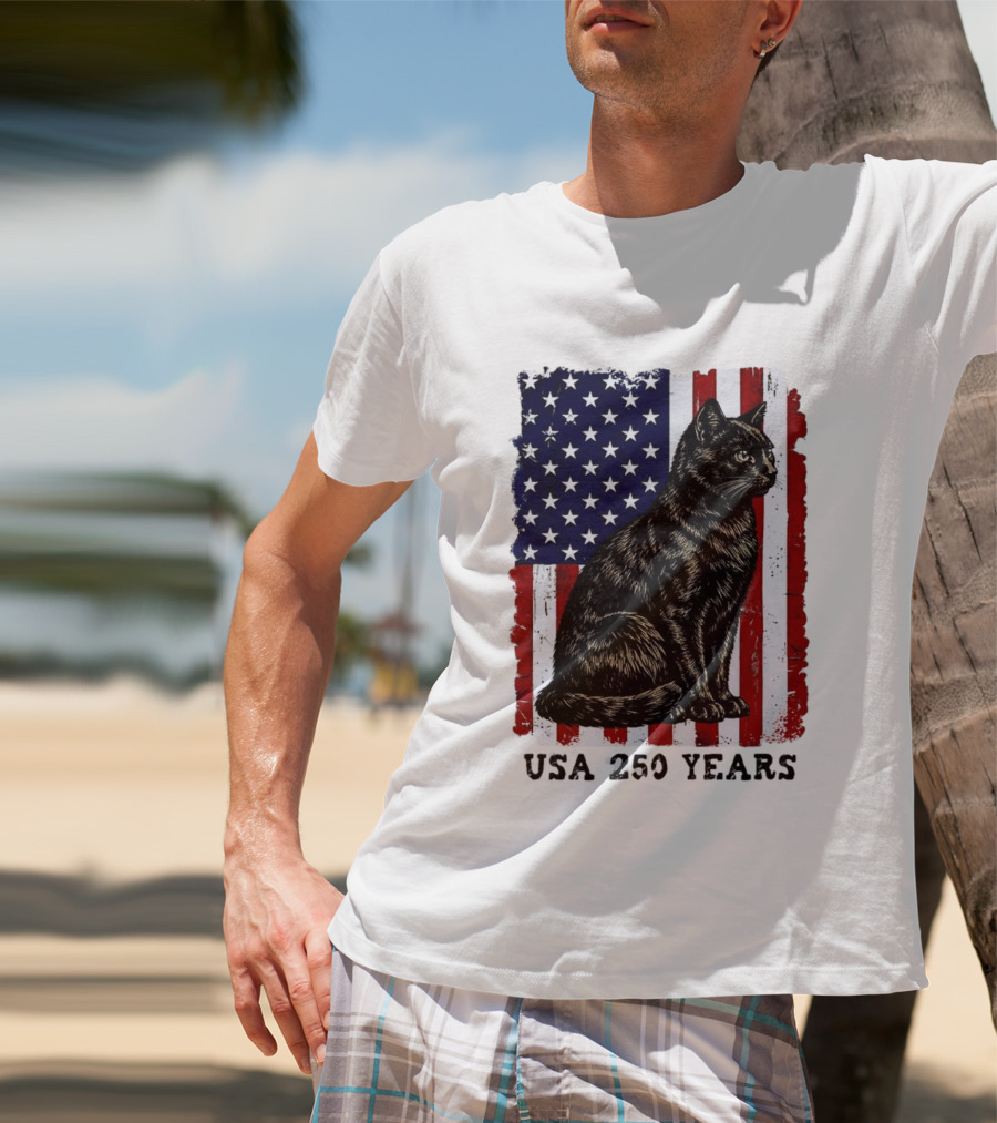 USA 250 Years Liberty Cat American Flag T-Shirt