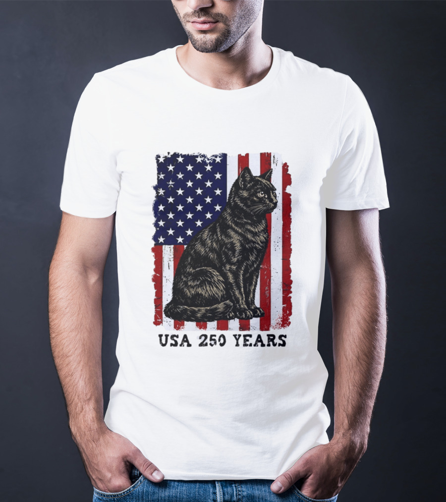 USA 250 Years Liberty Cat American Flag T-Shirt
