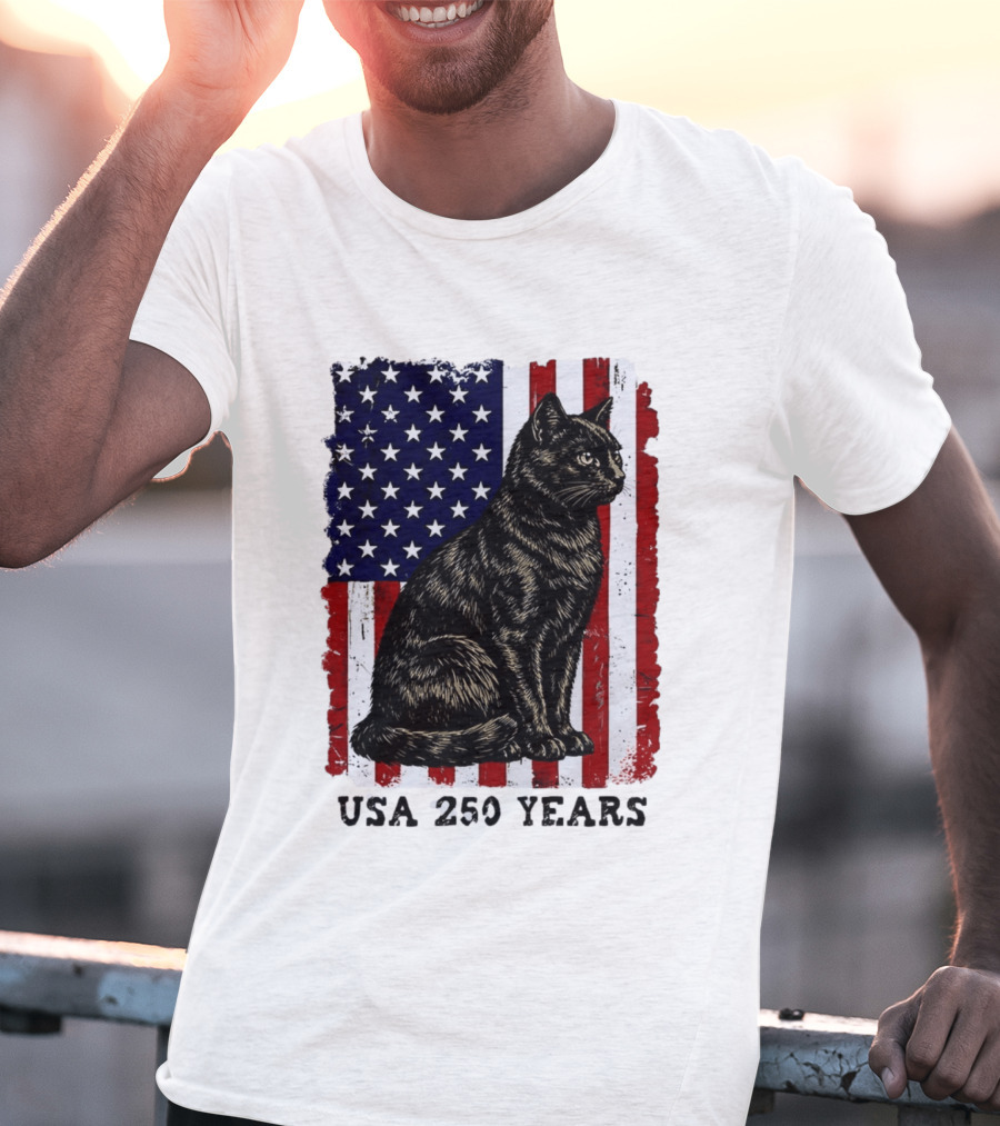 USA 250 Years Liberty Cat American Flag T-Shirt