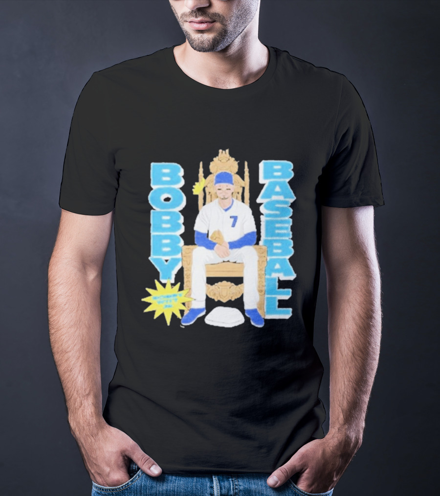 Bobby Baseball Throne Number 7 Blue Cap Batting Glove T-Shirt