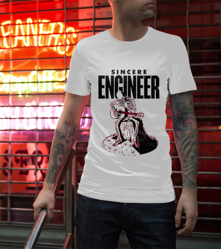 Sincere Engineer Skeleton Playing Guitar On Tree Stump T-Shirt