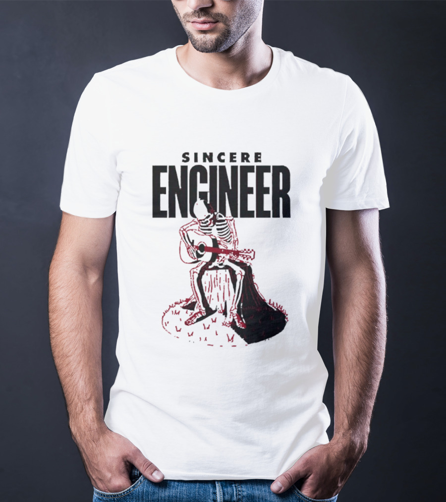Sincere Engineer Skeleton Playing Guitar On Tree Stump T-Shirt