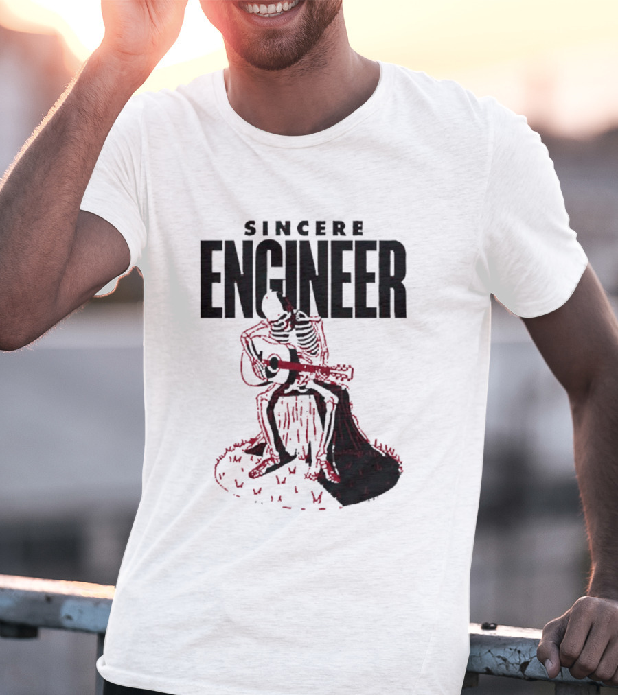 Sincere Engineer Skeleton Playing Guitar On Tree Stump T-Shirt