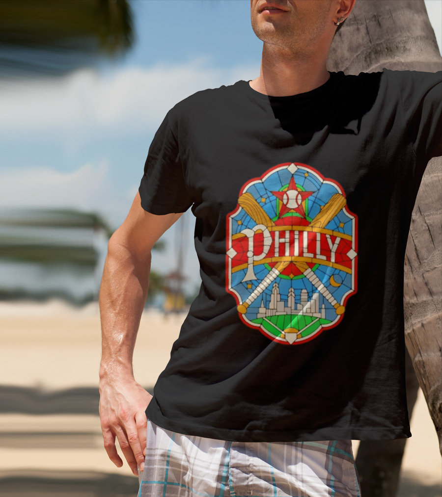 Philadelphia Phillies Stained Glass Philly Skyline Baseball Star Bats T-Shirt