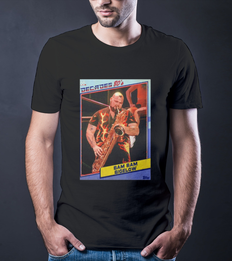 WWE Decades 80's Bam Bam Bigelow Topps Trading Card Saxophone Flame T-Shirt