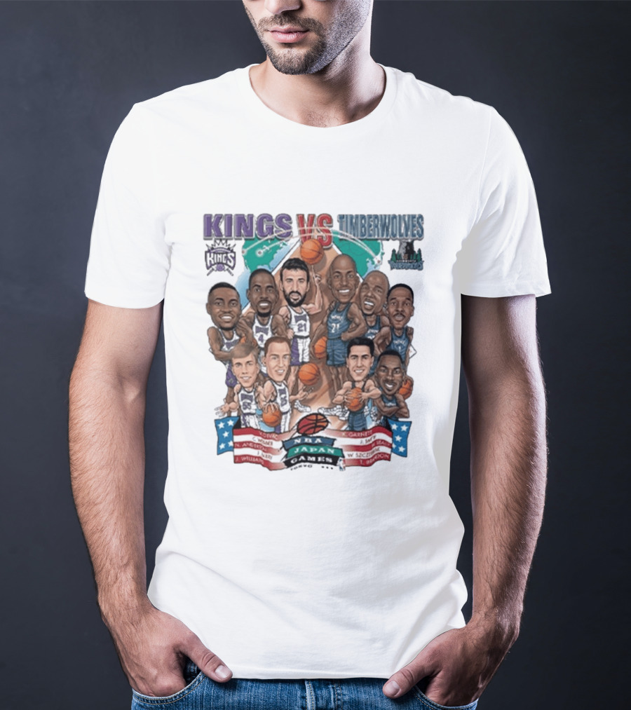 Kings Vs Timberwolves NBA Japan Games Tokyo 1999 Player Caricatures Basketball Showdown T-Shirt