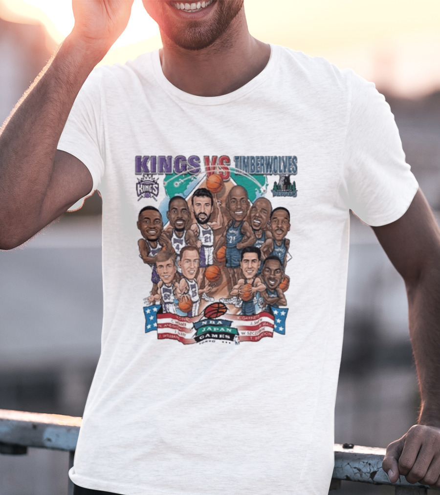 Kings Vs Timberwolves NBA Japan Games Tokyo 1999 Player Caricatures Basketball Showdown T-Shirt