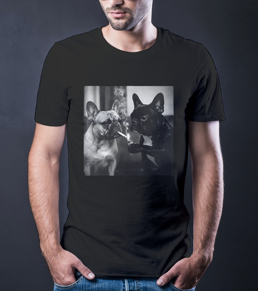 Frenchie Buddies French Bulldog Smoking Cigarette Meme Black And White Humor Duo T-Shirt