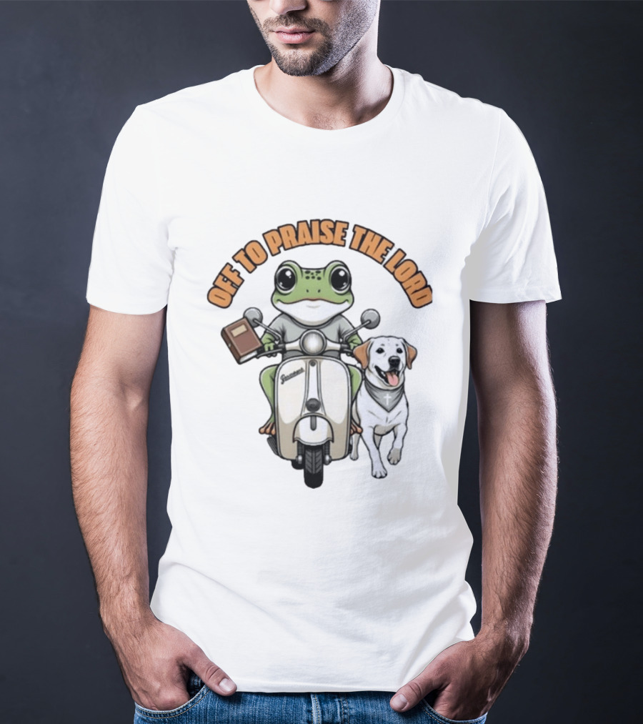 Off To Praise The Lord Frog Riding Scooter Labrador T-Shirt