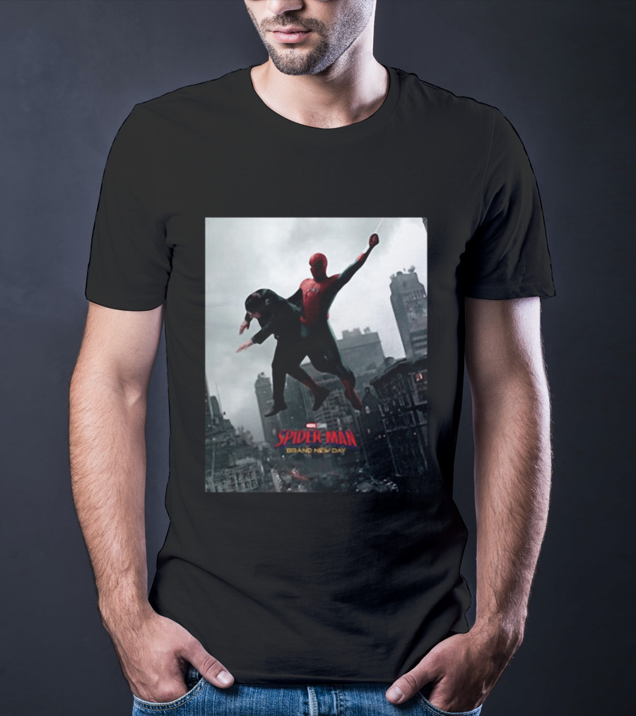 Spider Man Brand New Day Marvel Comic Scene Flying Over City Skyline T-Shirt