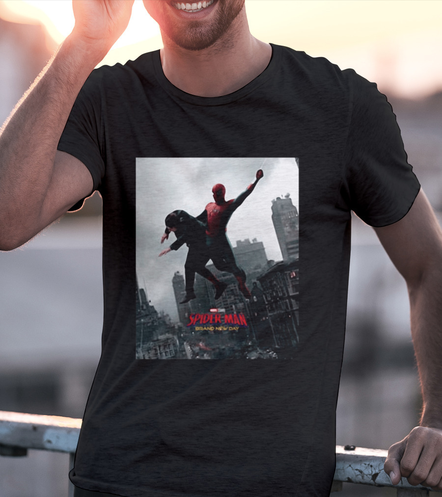 Spider Man Brand New Day Marvel Comic Scene Flying Over City Skyline T-Shirt