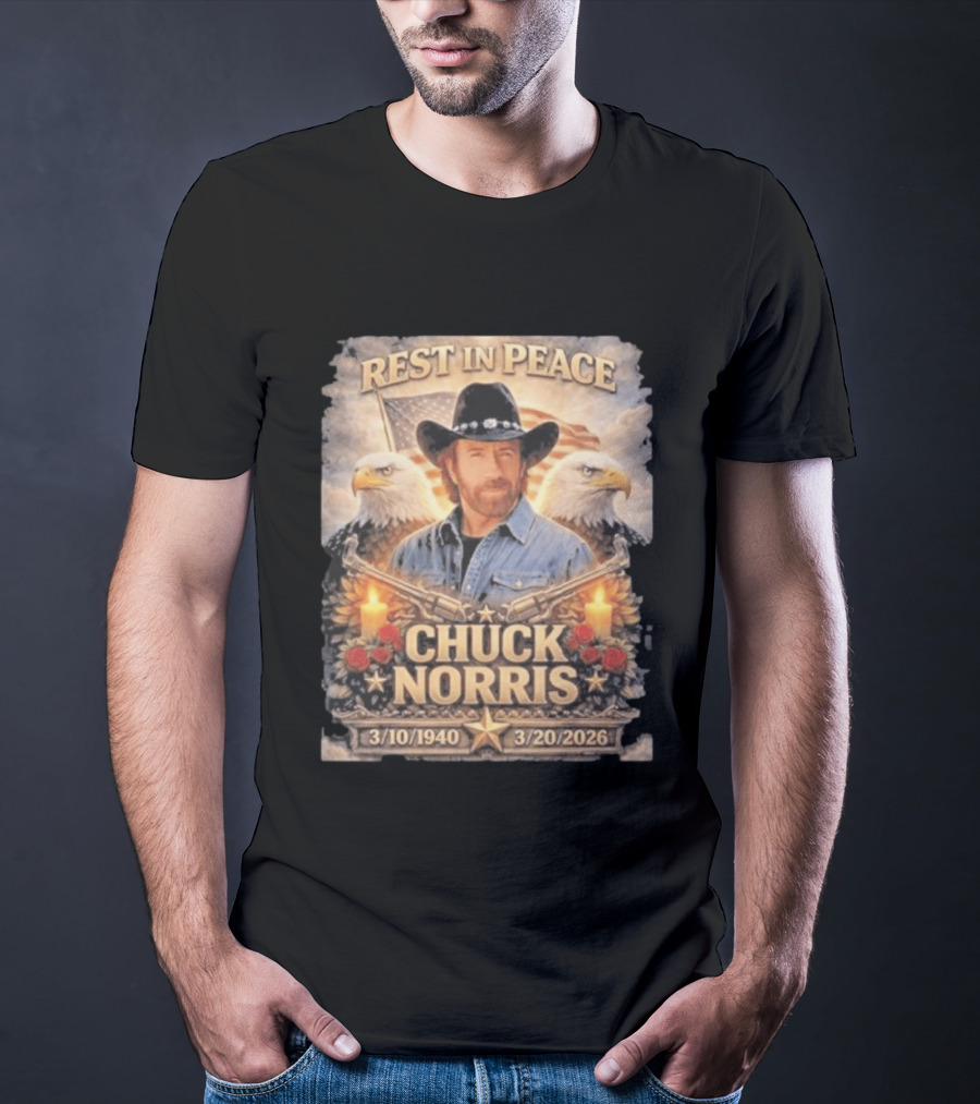 Rest In Peace Chuck Norris With Bald Eagles American Flag And Candles T-Shirt